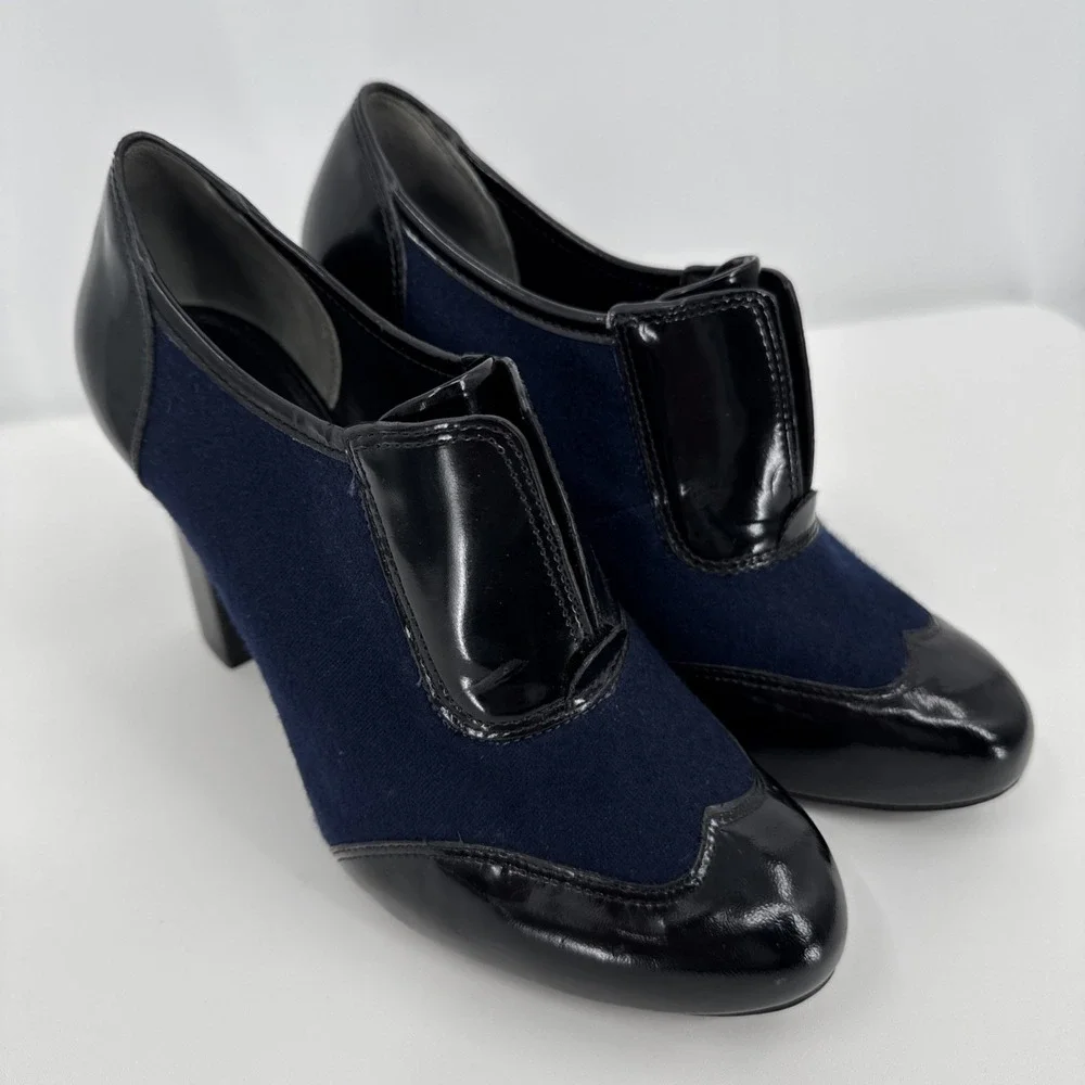 Tory Burch Black‎ Navy Leather Block Heel Ankle Women Bootie Size 6.5 Wingtip
